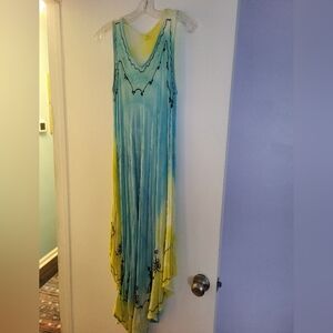 Blue and Yellow Asymmetrical Ruffled Sundress one size